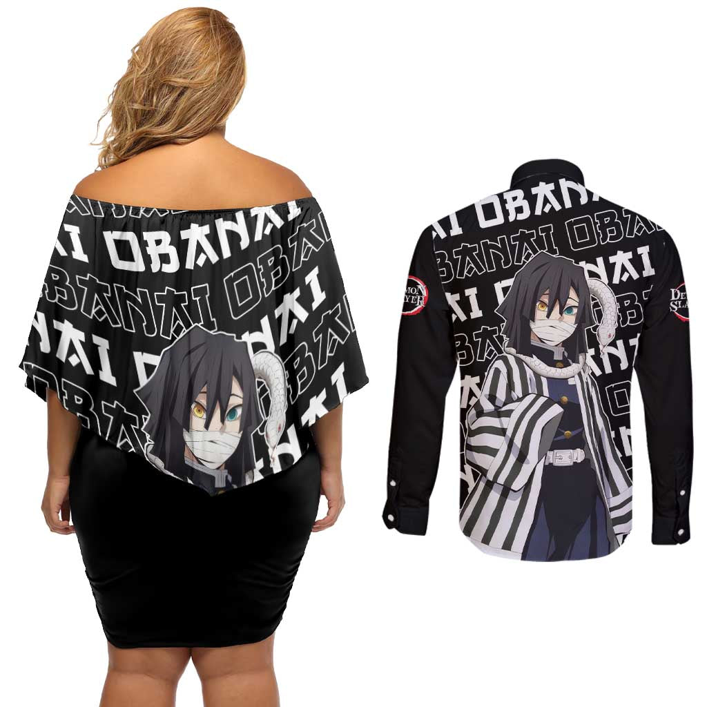Iguro Obanai - Demon Slayer Couples Matching Off Shoulder Short Dress and Long Sleeve Button Shirt Anime Japan Style