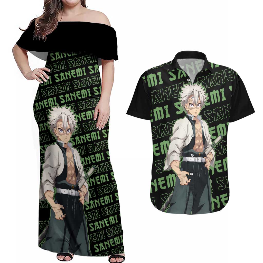 Sanemi Shinazugawa - Demon Slayer Couples Matching Off Shoulder Maxi Dress and Hawaiian Shirt Anime Mix Pattern Style