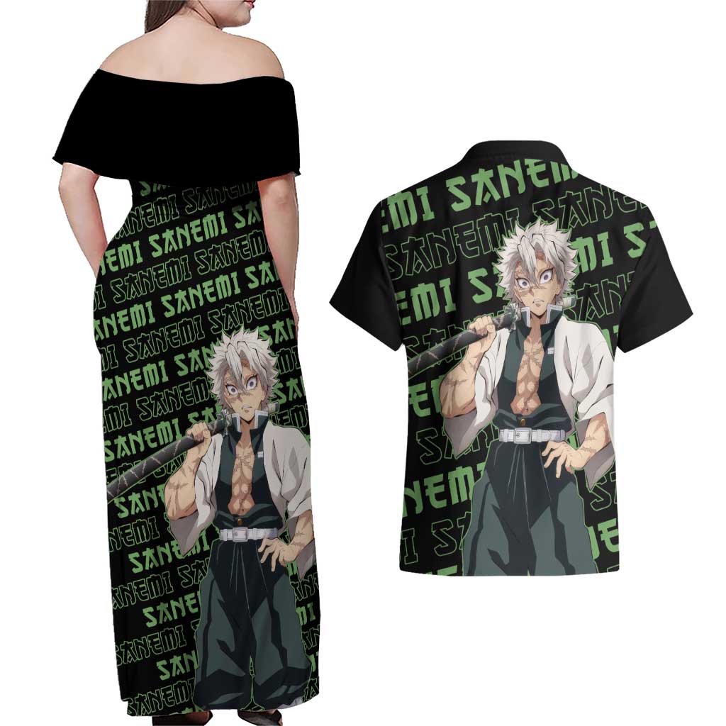 Sanemi Shinazugawa - Demon Slayer Couples Matching Off Shoulder Maxi Dress and Hawaiian Shirt Anime Mix Pattern Style