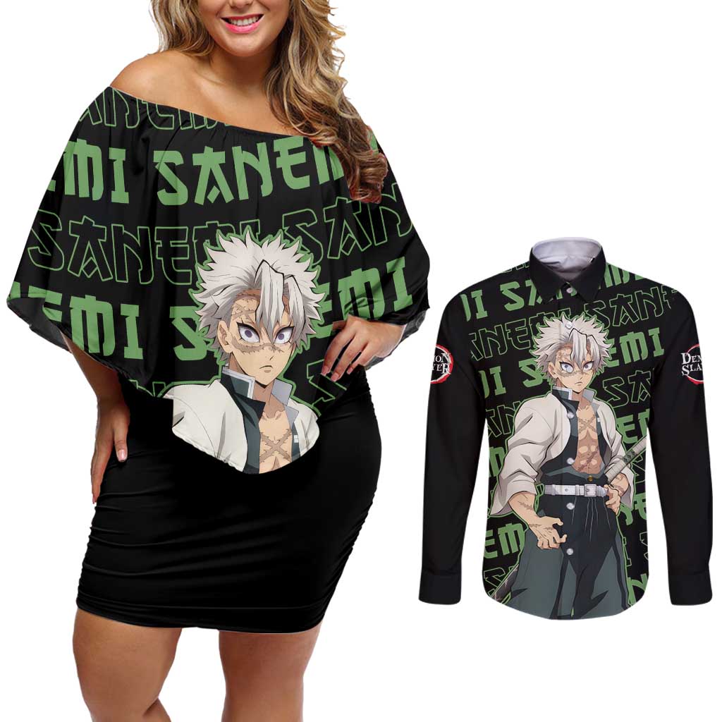 Sanemi Shinazugawa - Demon Slayer Couples Matching Off Shoulder Short Dress and Long Sleeve Button Shirt Anime Mix Pattern Style