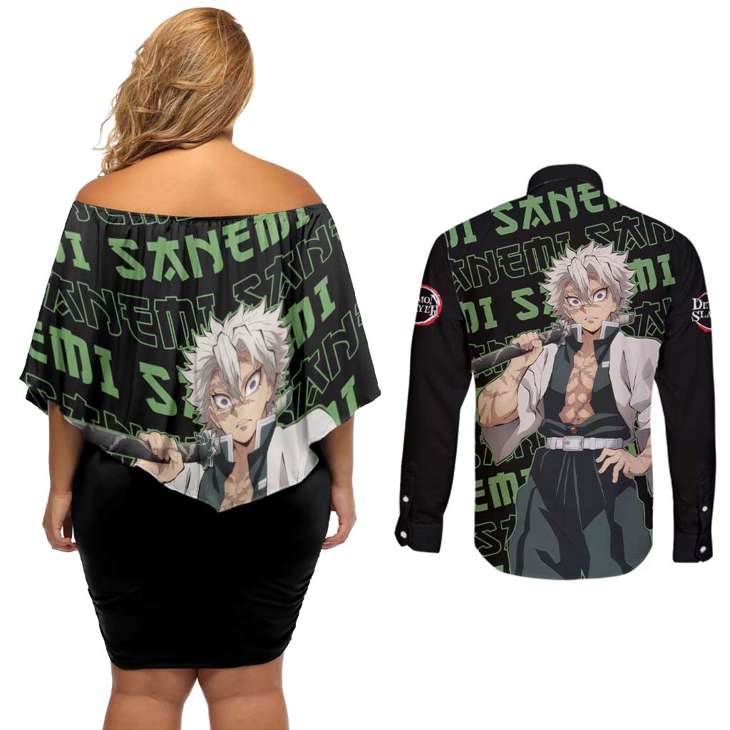 Sanemi Shinazugawa - Demon Slayer Couples Matching Off Shoulder Short Dress and Long Sleeve Button Shirt Anime Mix Pattern Style