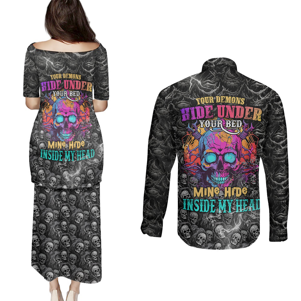 skull-couples-matching-puletasi-dress-and-long-sleeve-button-shirts-your-demons-hide-under-your-bed-mine-hide-inside-my-head