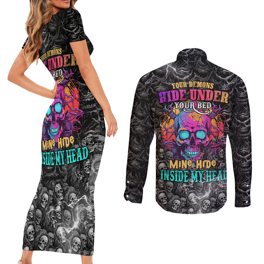 skull-couples-matching-short-sleeve-bodycon-dress-and-long-sleeve-button-shirts-your-demons-hide-under-your-bed-mine-hide-inside-my-head