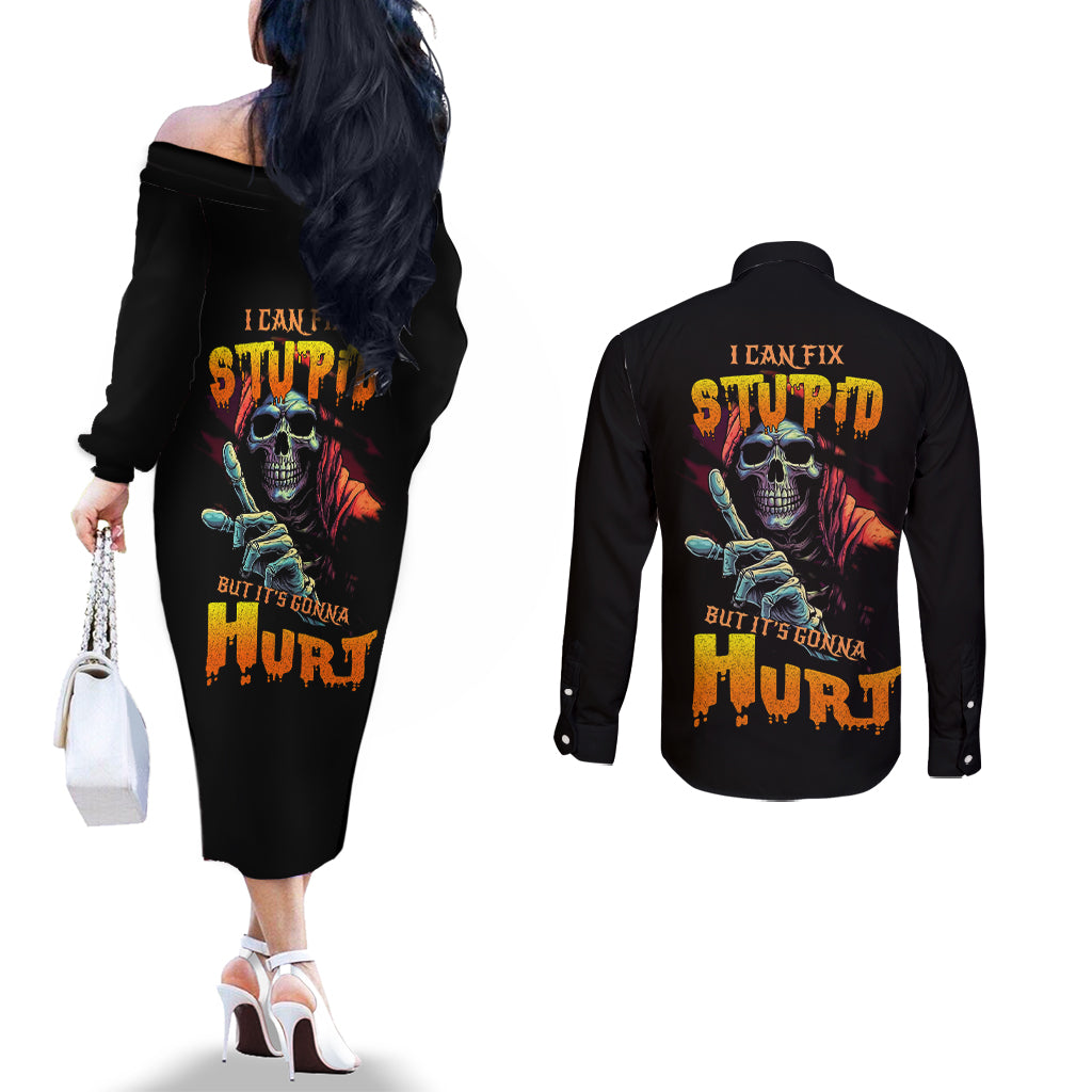 reaper-skull-couples-matching-off-the-shoulder-long-sleeve-dress-and-long-sleeve-button-shirts-i-can-fix-stupid-but-its-gonna-hurt