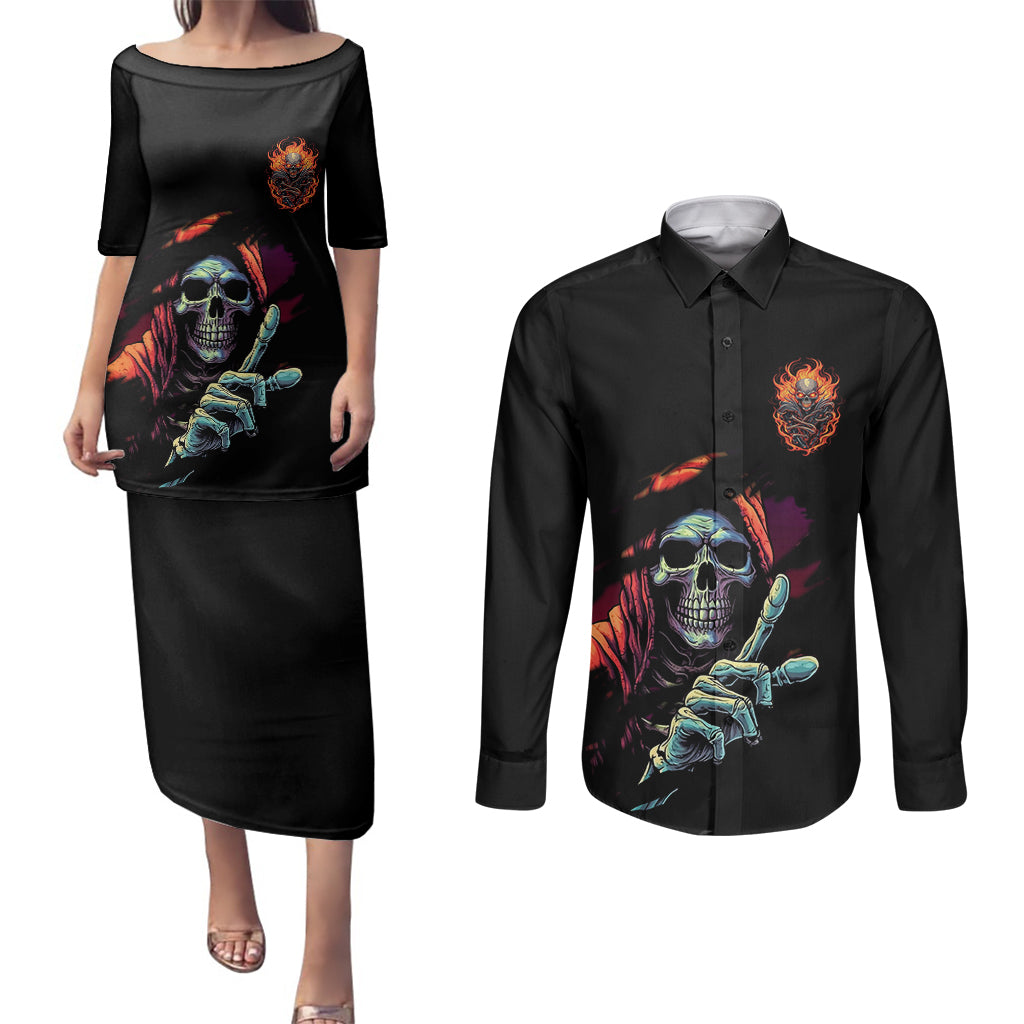 reaper-skull-couples-matching-puletasi-dress-and-long-sleeve-button-shirts-i-can-fix-stupid-but-its-gonna-hurt