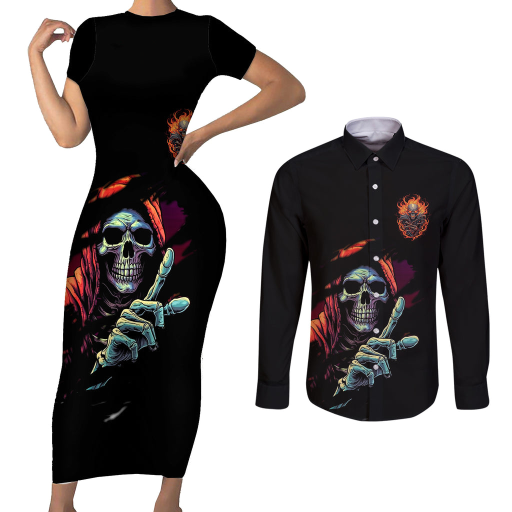 reaper-skull-couples-matching-short-sleeve-bodycon-dress-and-long-sleeve-button-shirts-i-can-fix-stupid-but-its-gonna-hurt