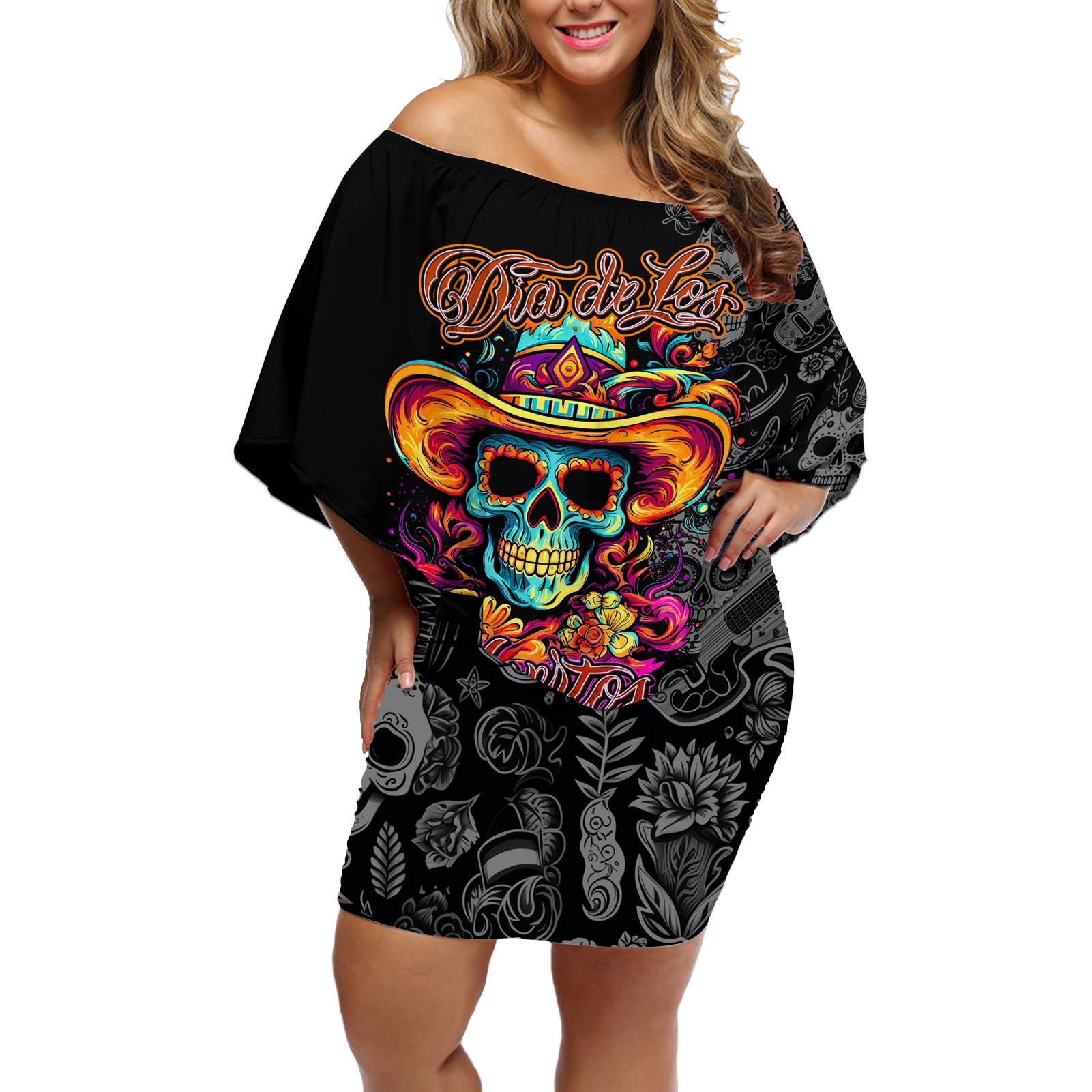 day-of-the-dead-sugar-skull-off-shoulder-short-dress-dia-de-los-murtos