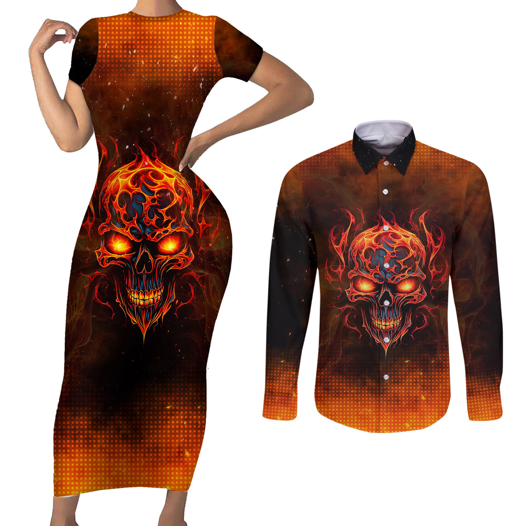fire-skull-couples-matching-short-sleeve-bodycon-dress-and-long-sleeve-button-shirts-of-course-im-going-to-hell-im-just-here-to-pick-you-up