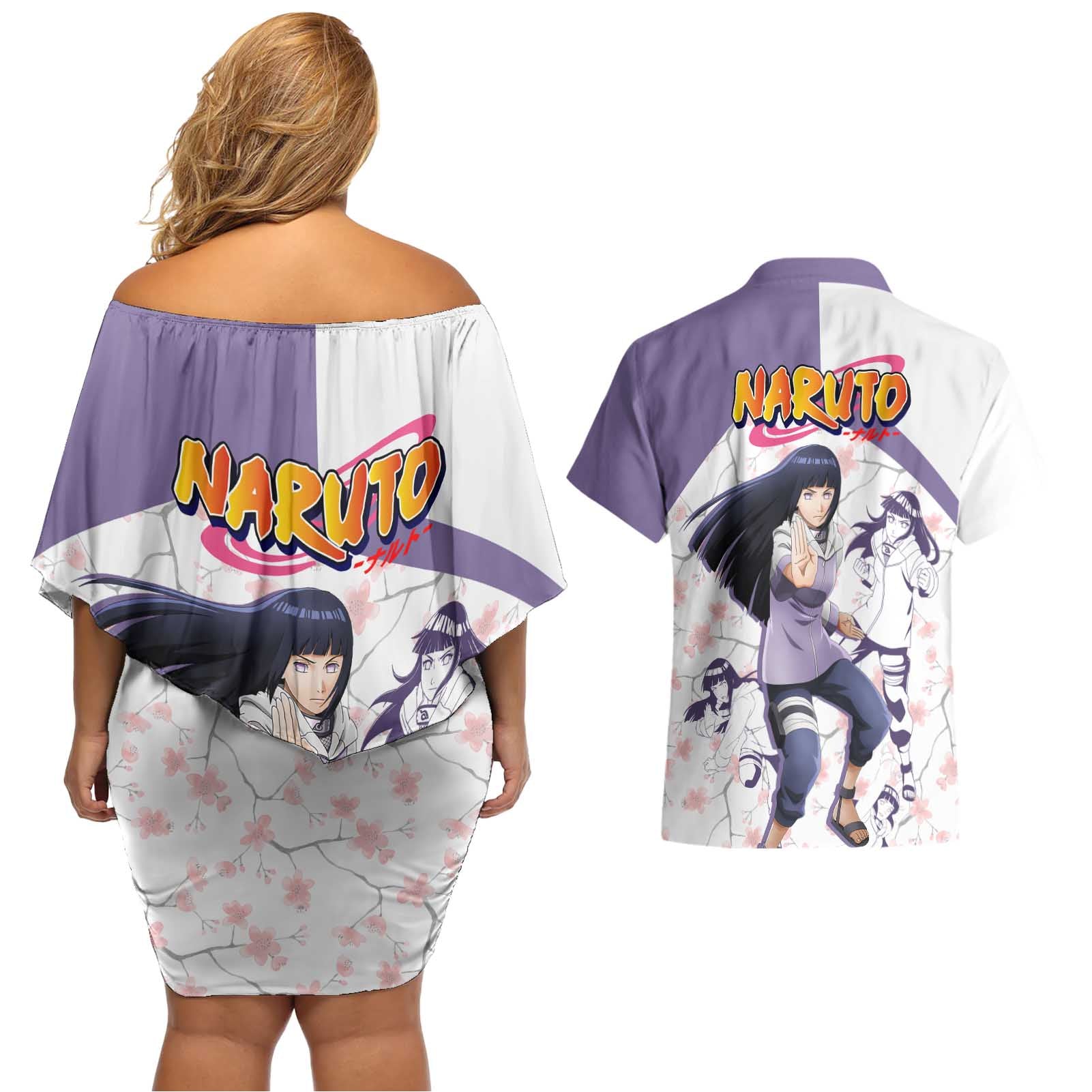 Hinata Hyuga - Naruto Couples Matching Off Shoulder Short Dress and Hawaiian Shirt Anime Style