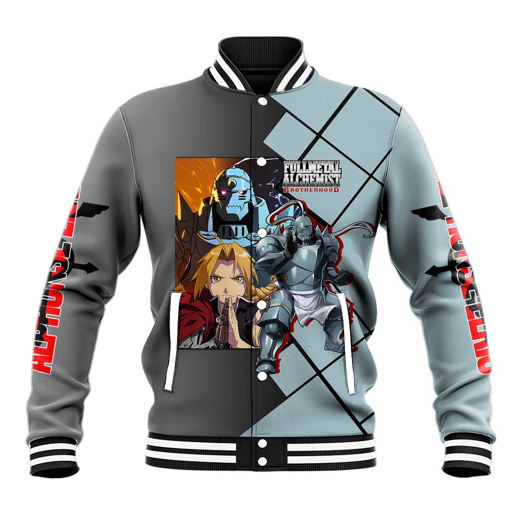 Alphonse Elric Fullmetal Alchemist Baseball Jacket with Armored Form and Protective Battle Pose Design - The Mazicc