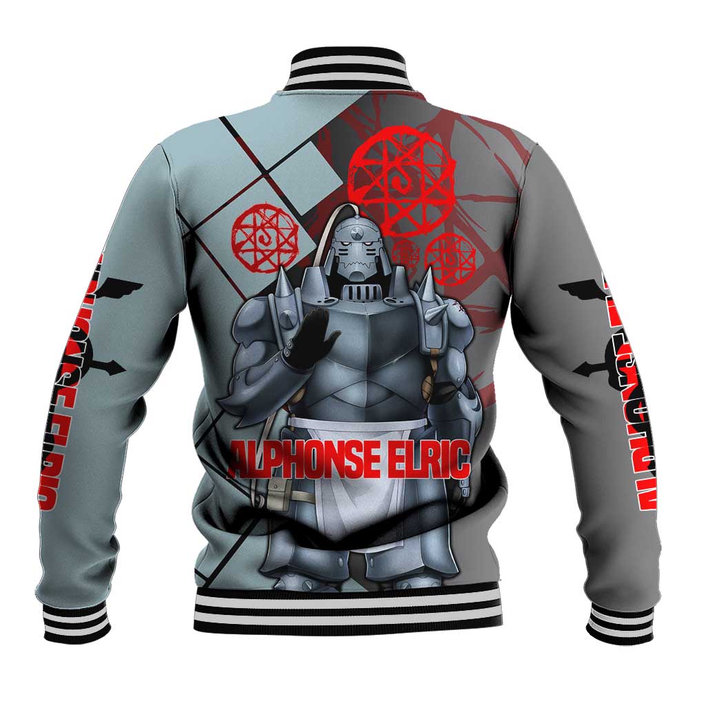Alphonse Elric Fullmetal Alchemist Baseball Jacket with Armored Form and Protective Battle Pose Design - The Mazicc