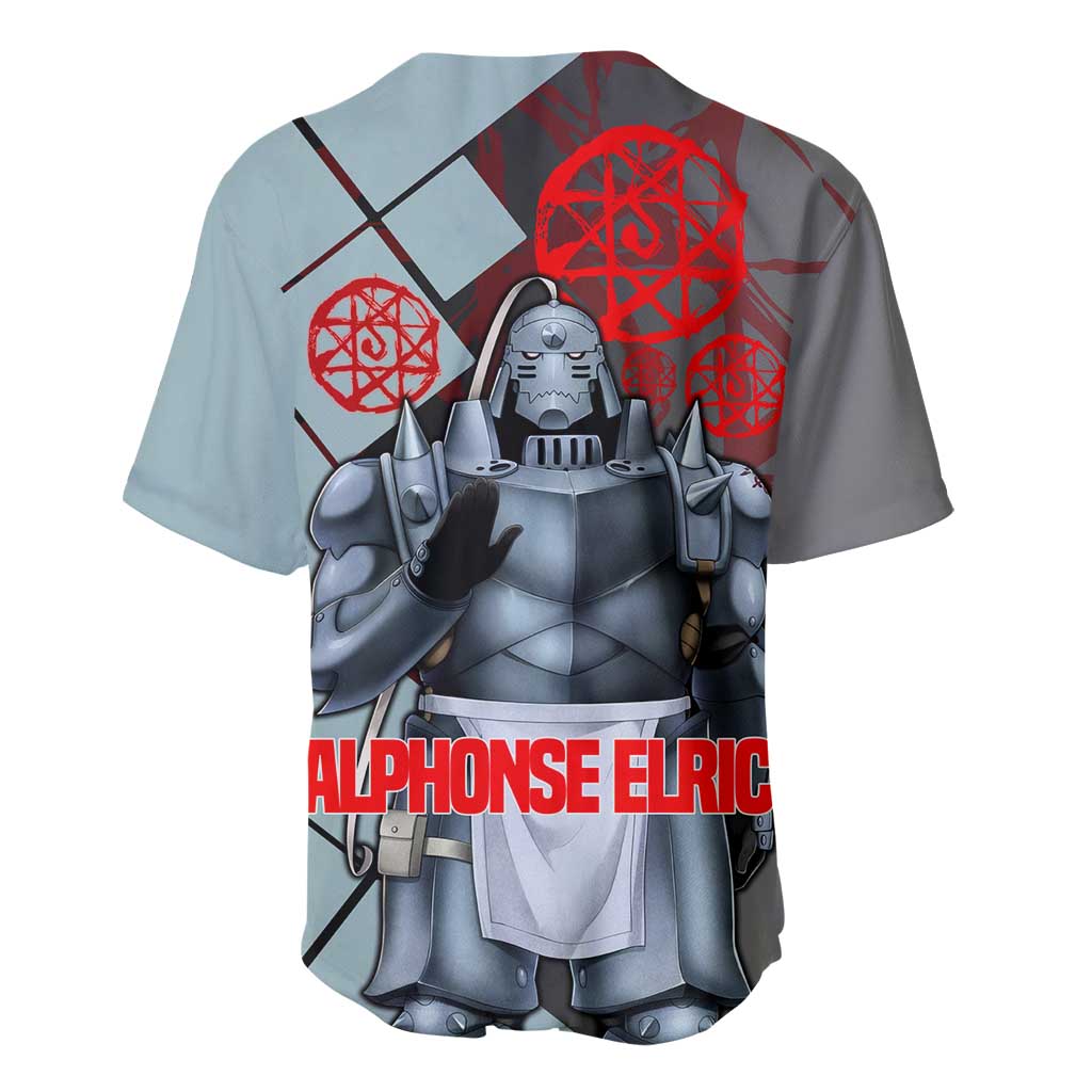 Alphonse Elric Fullmetal Alchemist Baseball Jersey with Armored Form and Protective Battle Pose Design - The Mazicc
