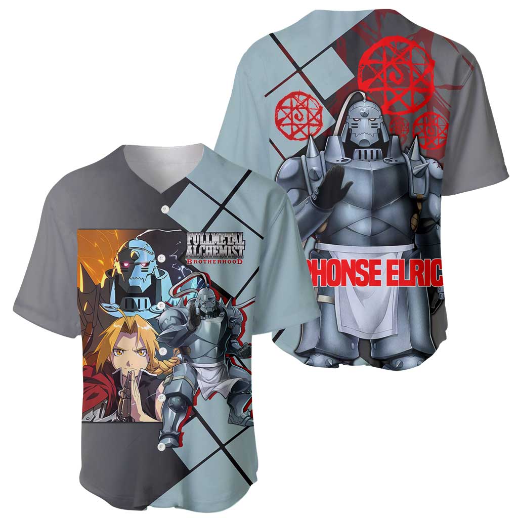 Alphonse Elric Fullmetal Alchemist Baseball Jersey with Armored Form and Protective Battle Pose Design - The Mazicc
