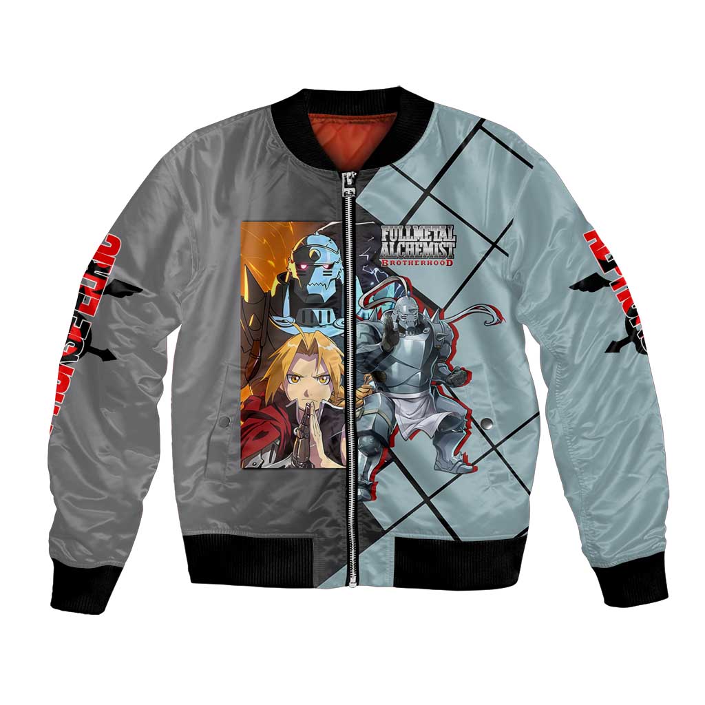 Alphonse Elric Fullmetal Alchemist Bomber Jacket with Armored Form and Protective Battle Pose Design - The Mazicc