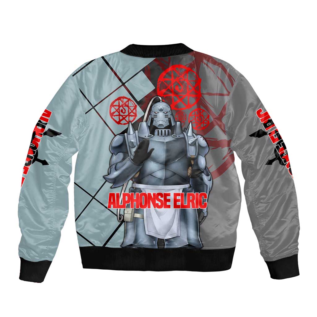 Alphonse Elric Fullmetal Alchemist Bomber Jacket with Armored Form and Protective Battle Pose Design - The Mazicc