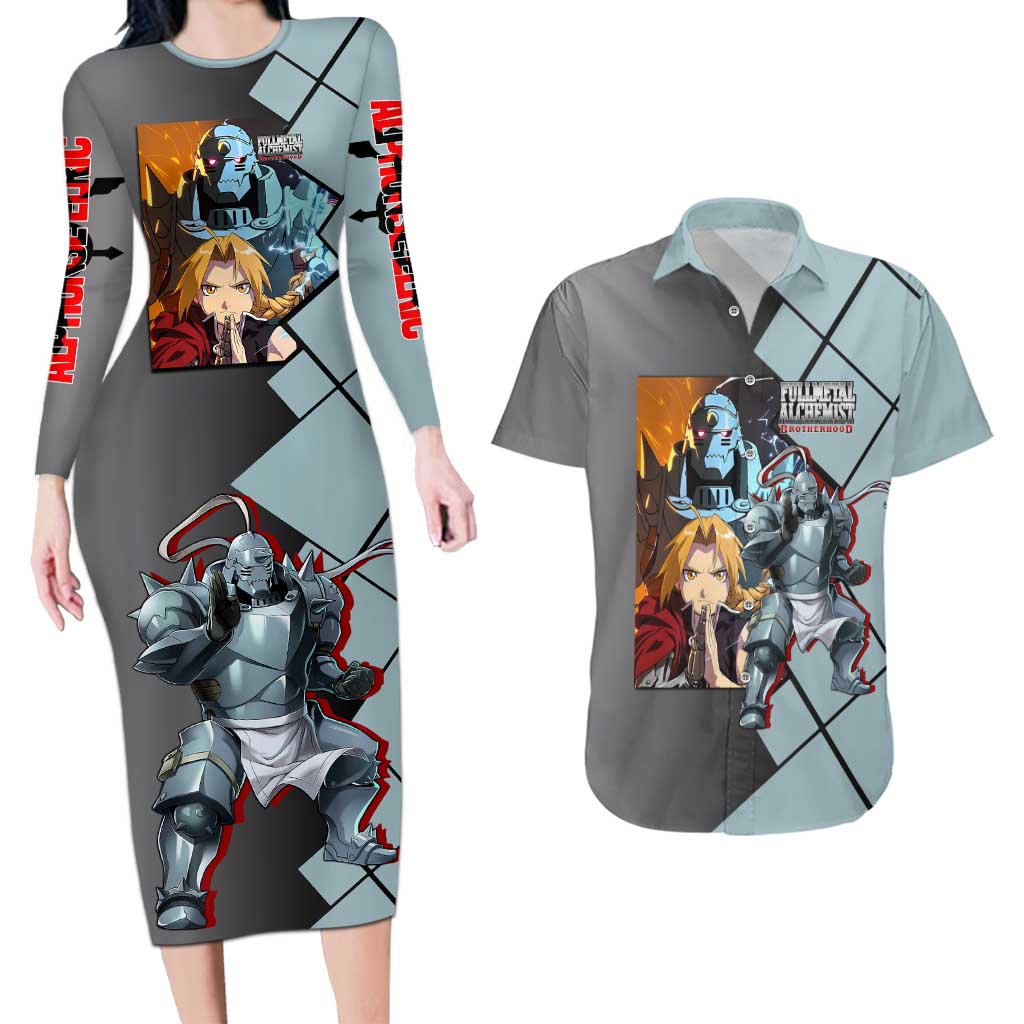 Alphonse Elric Fullmetal Alchemist Couples Matching Long Sleeve Bodycon Dress and Hawaiian Shirt with Armored Form and Protective Battle Pose Design - The Mazicc