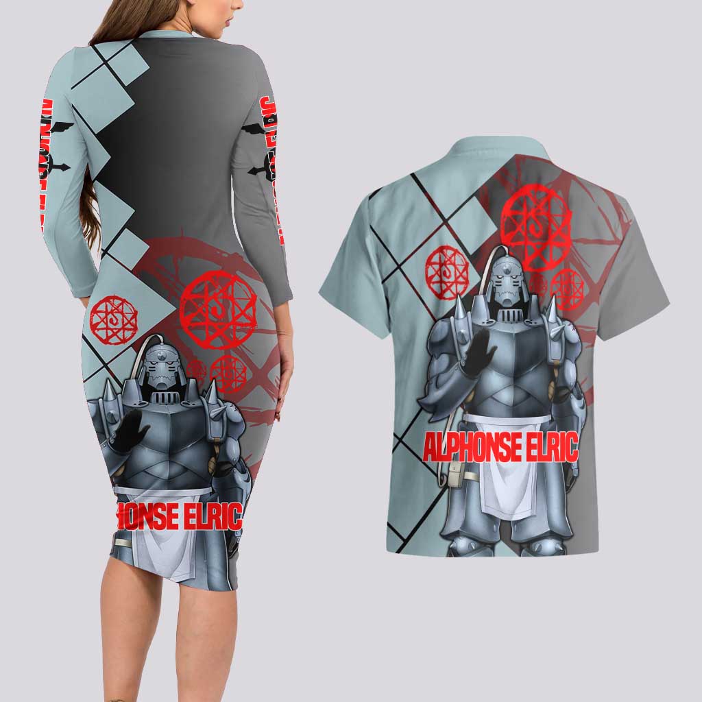 Alphonse Elric Fullmetal Alchemist Couples Matching Long Sleeve Bodycon Dress and Hawaiian Shirt with Armored Form and Protective Battle Pose Design - The Mazicc