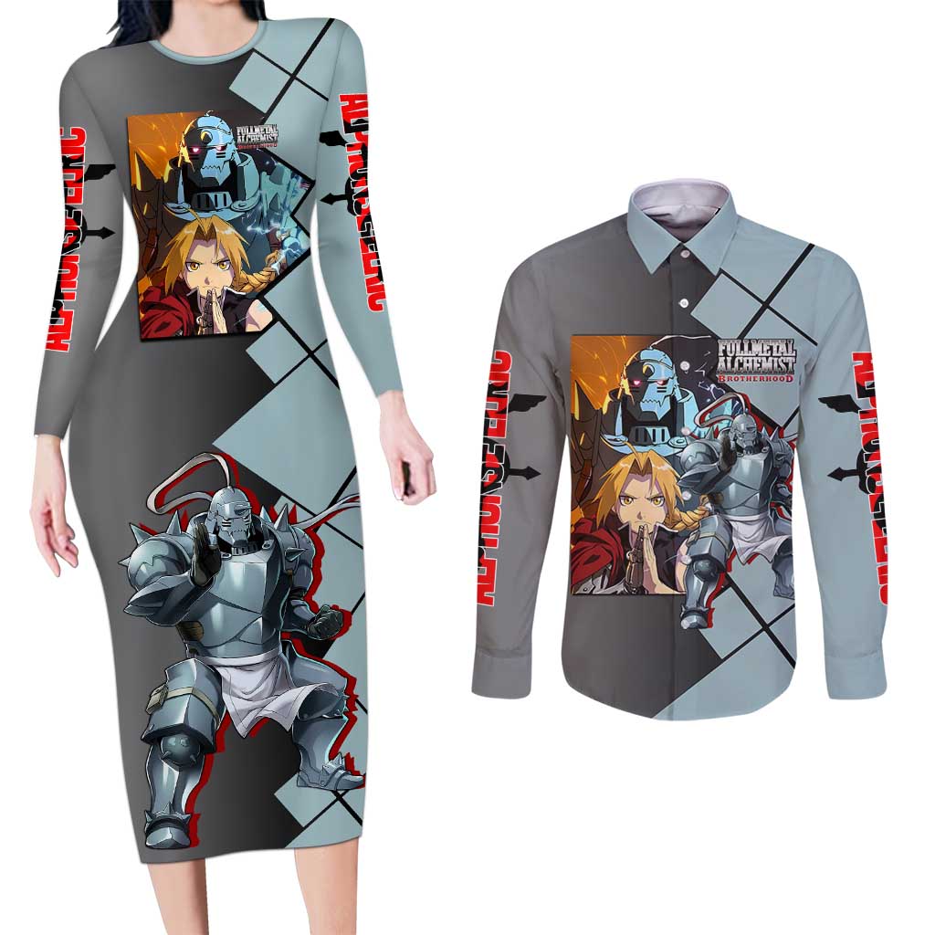 Alphonse Elric Fullmetal Alchemist Couples Matching Long Sleeve Bodycon Dress and Long Sleeve Button Shirt with Armored Form and Protective Battle Pose Design - The Mazicc