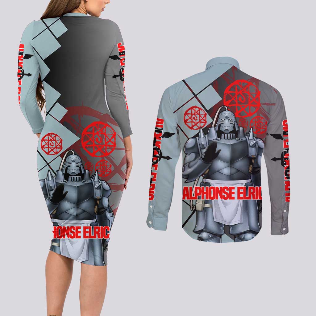 Alphonse Elric Fullmetal Alchemist Couples Matching Long Sleeve Bodycon Dress and Long Sleeve Button Shirt with Armored Form and Protective Battle Pose Design - The Mazicc
