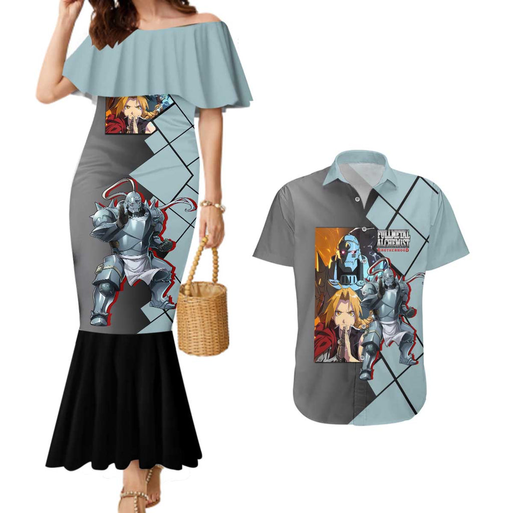 Alphonse Elric Fullmetal Alchemist Couples Matching Mermaid Dress and Hawaiian Shirt with Armored Form and Protective Battle Pose Design - The Mazicc