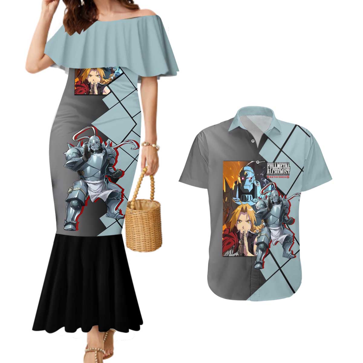 Alphonse Elric Fullmetal Alchemist Couples Matching Mermaid Dress and Hawaiian Shirt with Armored Form and Protective Battle Pose Design - The Mazicc