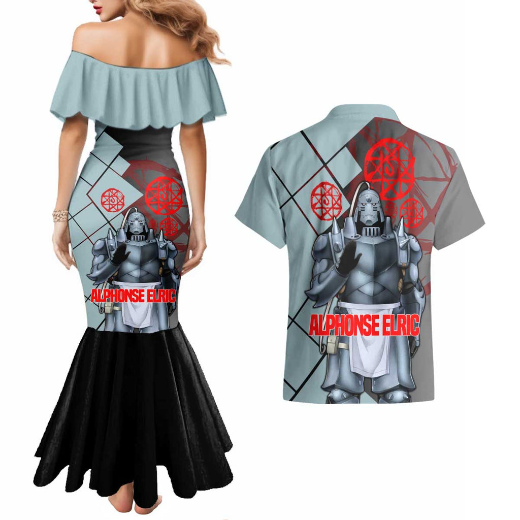 Alphonse Elric Fullmetal Alchemist Couples Matching Mermaid Dress and Hawaiian Shirt with Armored Form and Protective Battle Pose Design - The Mazicc