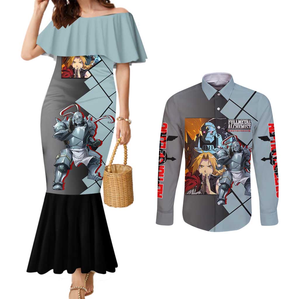 Alphonse Elric Fullmetal Alchemist Couples Matching Mermaid Dress and Long Sleeve Button Shirt with Armored Form and Protective Battle Pose Design - The Mazicc