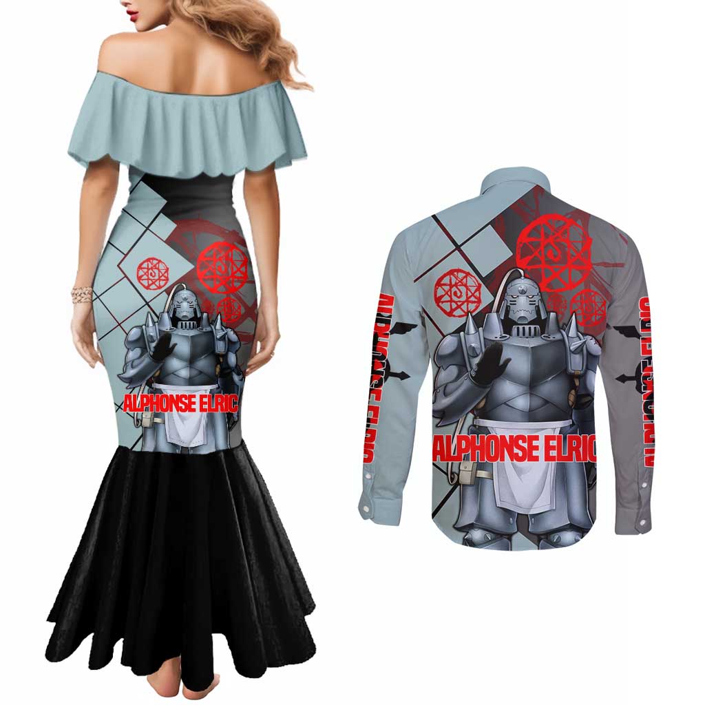 Alphonse Elric Fullmetal Alchemist Couples Matching Mermaid Dress and Long Sleeve Button Shirt with Armored Form and Protective Battle Pose Design - The Mazicc