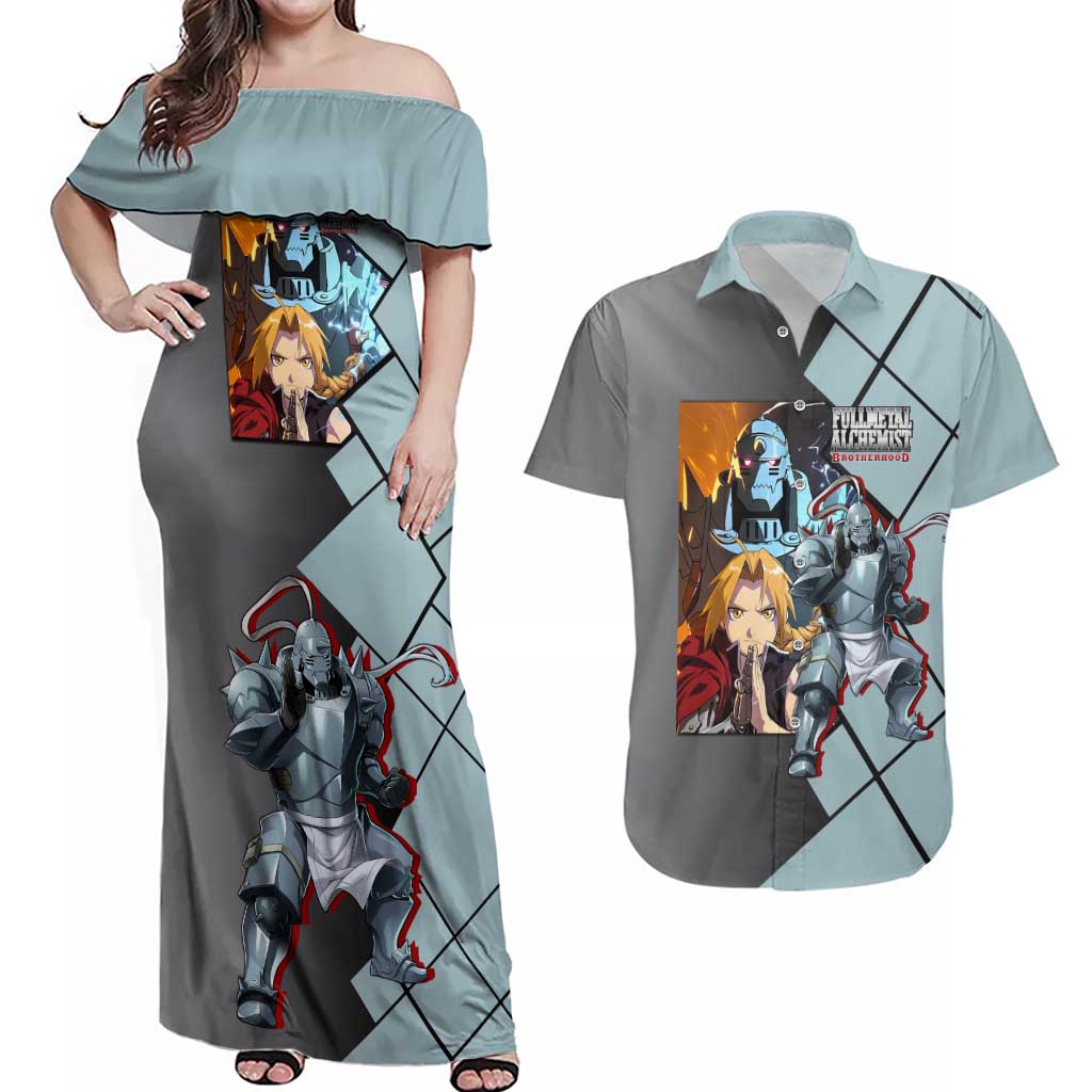 Alphonse Elric Fullmetal Alchemist Couples Matching Off Shoulder Maxi Dress and Hawaiian Shirt with Armored Form and Protective Battle Pose Design - The Mazicc