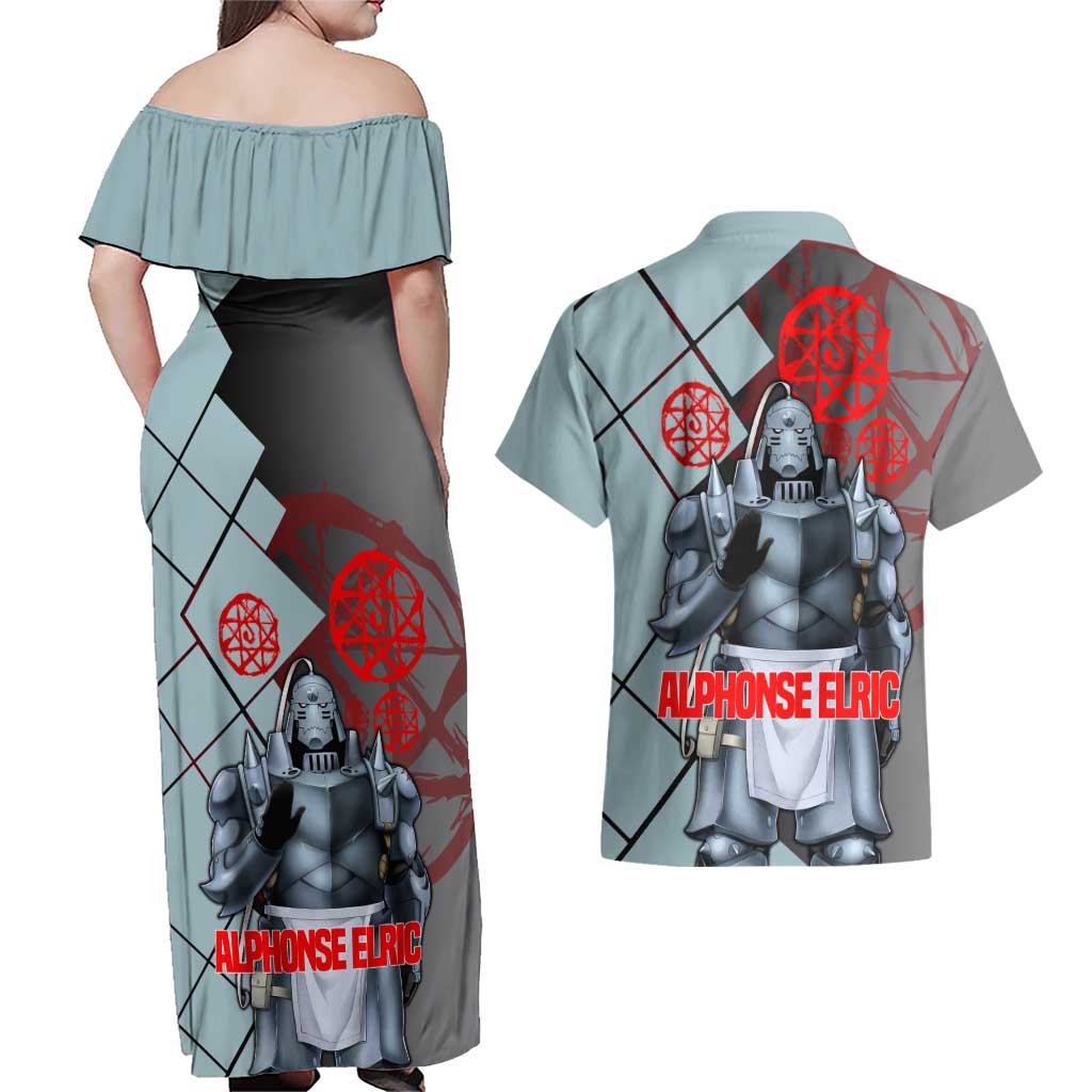 Alphonse Elric Fullmetal Alchemist Couples Matching Off Shoulder Maxi Dress and Hawaiian Shirt with Armored Form and Protective Battle Pose Design - The Mazicc