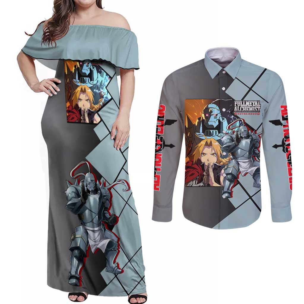 Alphonse Elric Fullmetal Alchemist Couples Matching Off Shoulder Maxi Dress and Long Sleeve Button Shirt with Armored Form and Protective Battle Pose Design - The Mazicc