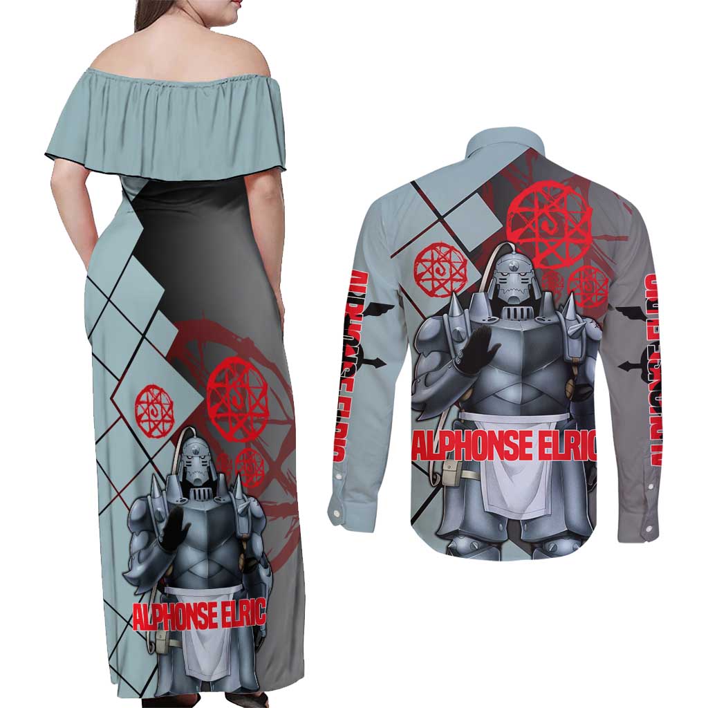 Alphonse Elric Fullmetal Alchemist Couples Matching Off Shoulder Maxi Dress and Long Sleeve Button Shirt with Armored Form and Protective Battle Pose Design - The Mazicc