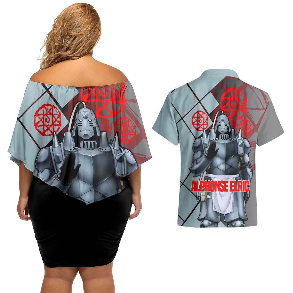 Alphonse Elric Fullmetal Alchemist Couples Matching Off Shoulder Short Dress and Hawaiian Shirt with Armored Form and Protective Battle Pose Design - The Mazicc