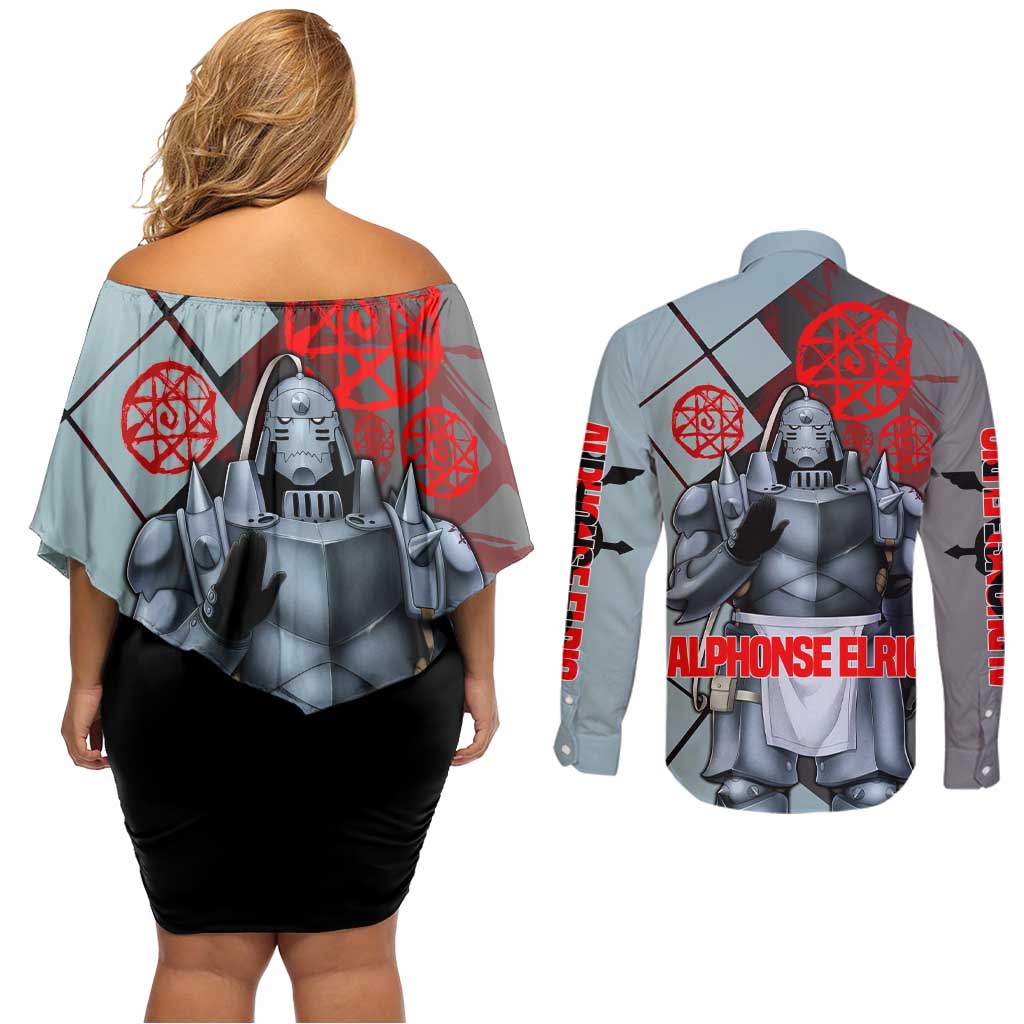 Alphonse Elric Fullmetal Alchemist Couples Matching Off Shoulder Short Dress and Long Sleeve Button Shirt with Armored Form and Protective Battle Pose Design - The Mazicc