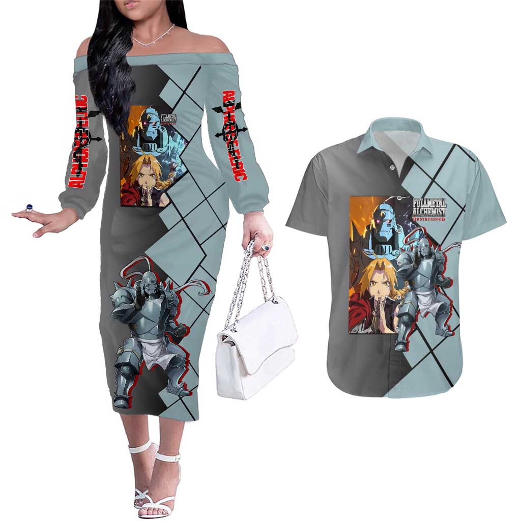 Alphonse Elric Fullmetal Alchemist Couples Matching Off The Shoulder Long Sleeve Dress and Hawaiian Shirt with Armored Form and Protective Battle Pose Design - The Mazicc