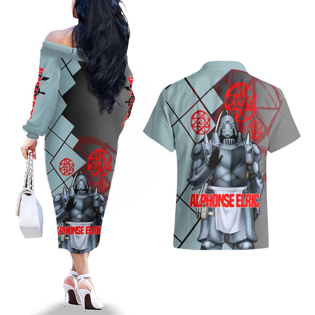 Alphonse Elric Fullmetal Alchemist Couples Matching Off The Shoulder Long Sleeve Dress and Hawaiian Shirt with Armored Form and Protective Battle Pose Design - The Mazicc