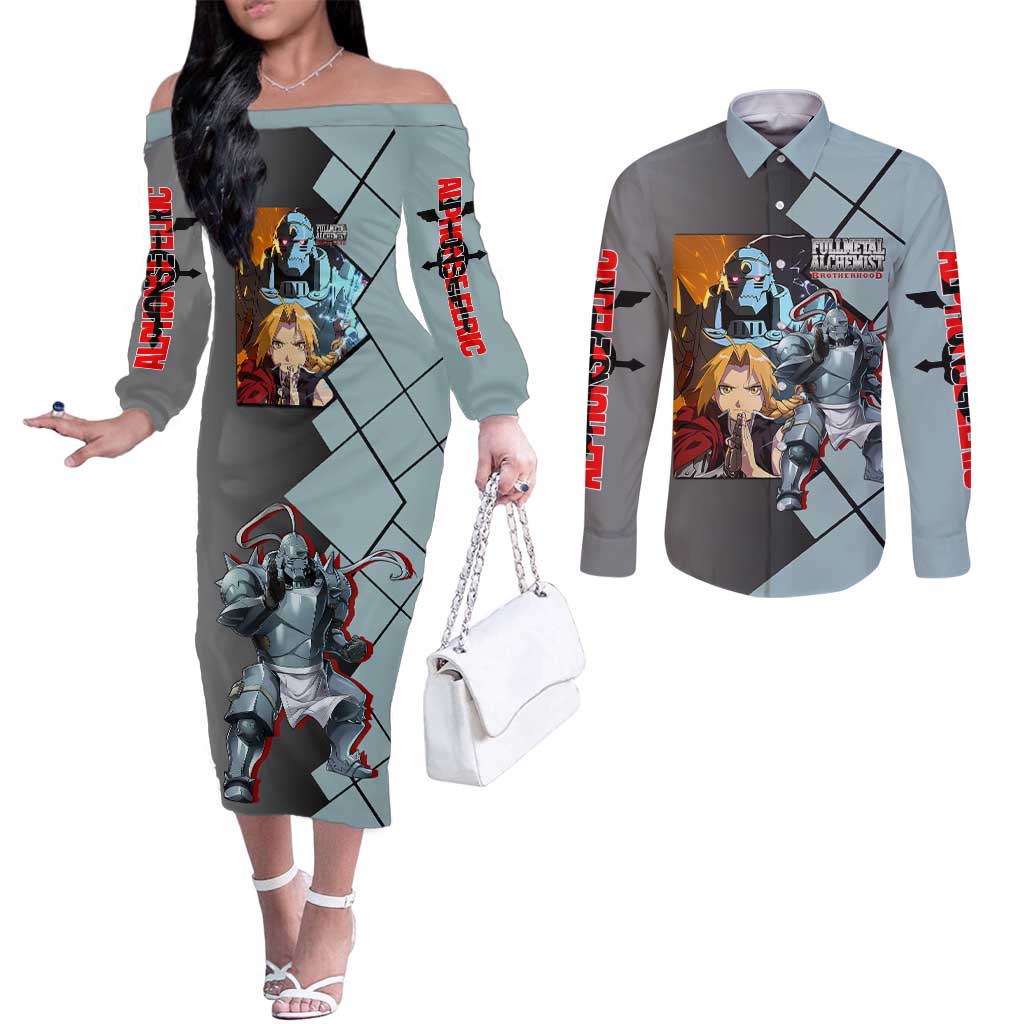Alphonse Elric Fullmetal Alchemist Couples Matching Off The Shoulder Long Sleeve Dress and Long Sleeve Button Shirt with Armored Form and Protective Battle Pose Design - The Mazicc
