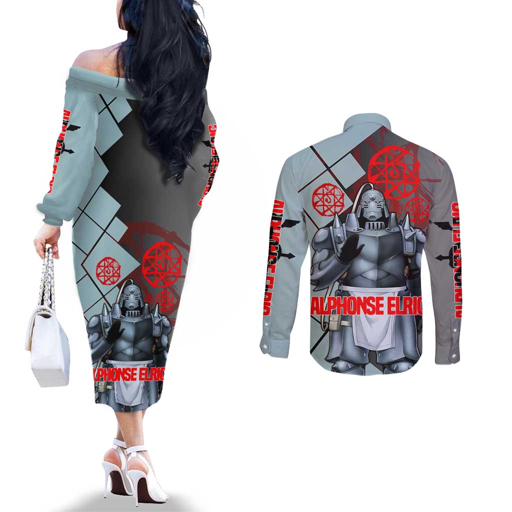 Alphonse Elric Fullmetal Alchemist Couples Matching Off The Shoulder Long Sleeve Dress and Long Sleeve Button Shirt with Armored Form and Protective Battle Pose Design - The Mazicc