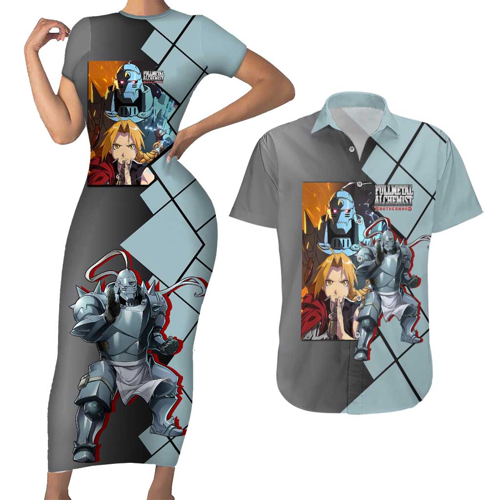 Alphonse Elric Fullmetal Alchemist Couples Matching Short Sleeve Bodycon Dress and Hawaiian Shirt with Armored Form and Protective Battle Pose Design - The Mazicc