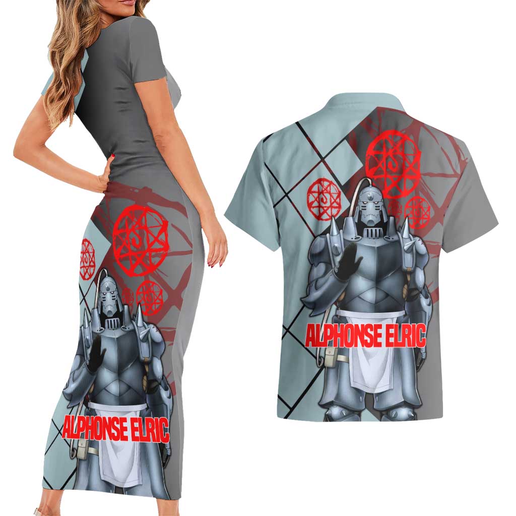 Alphonse Elric Fullmetal Alchemist Couples Matching Short Sleeve Bodycon Dress and Hawaiian Shirt with Armored Form and Protective Battle Pose Design - The Mazicc