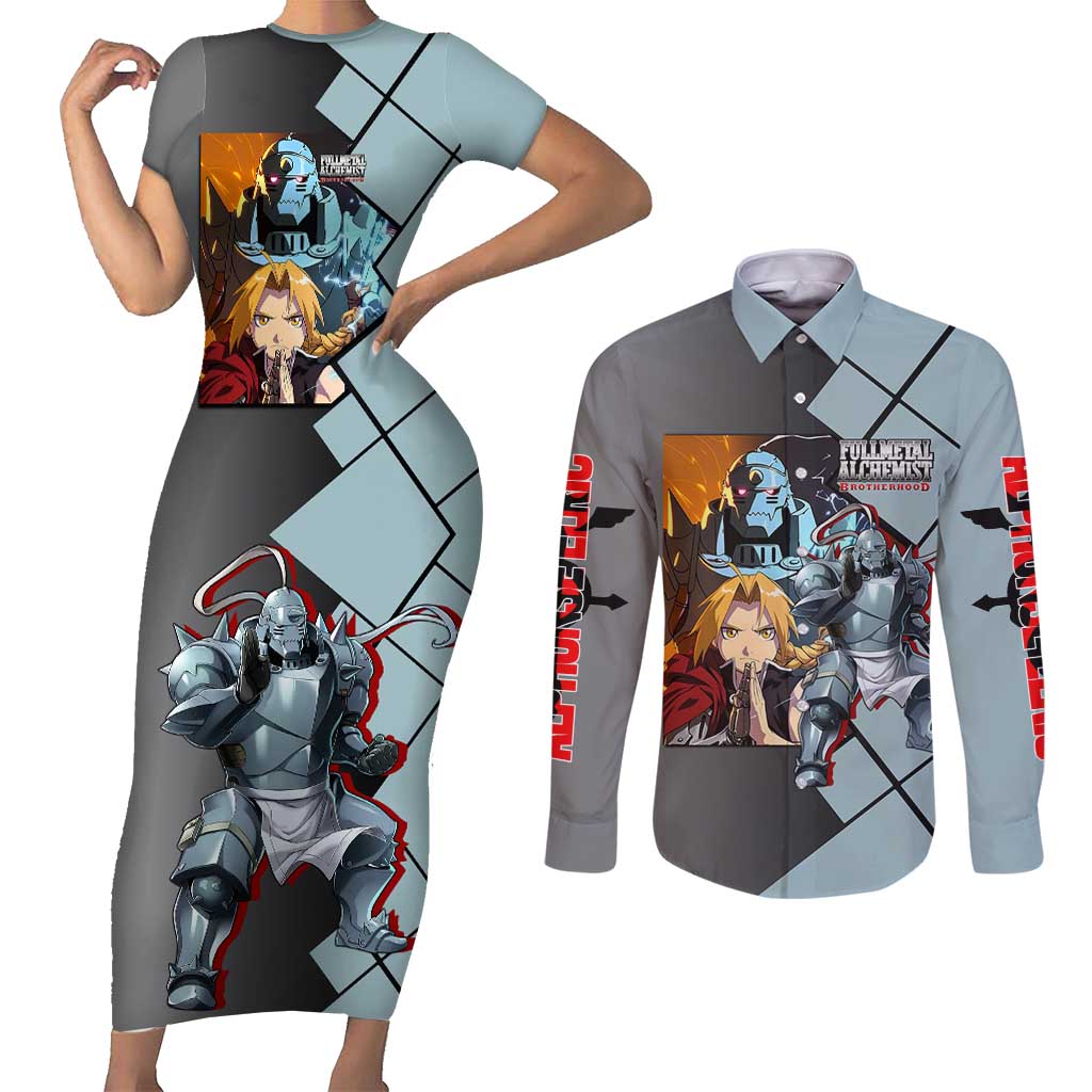 Alphonse Elric Fullmetal Alchemist Couples Matching Short Sleeve Bodycon Dress and Long Sleeve Button Shirt with Armored Form and Protective Battle Pose Design - The Mazicc