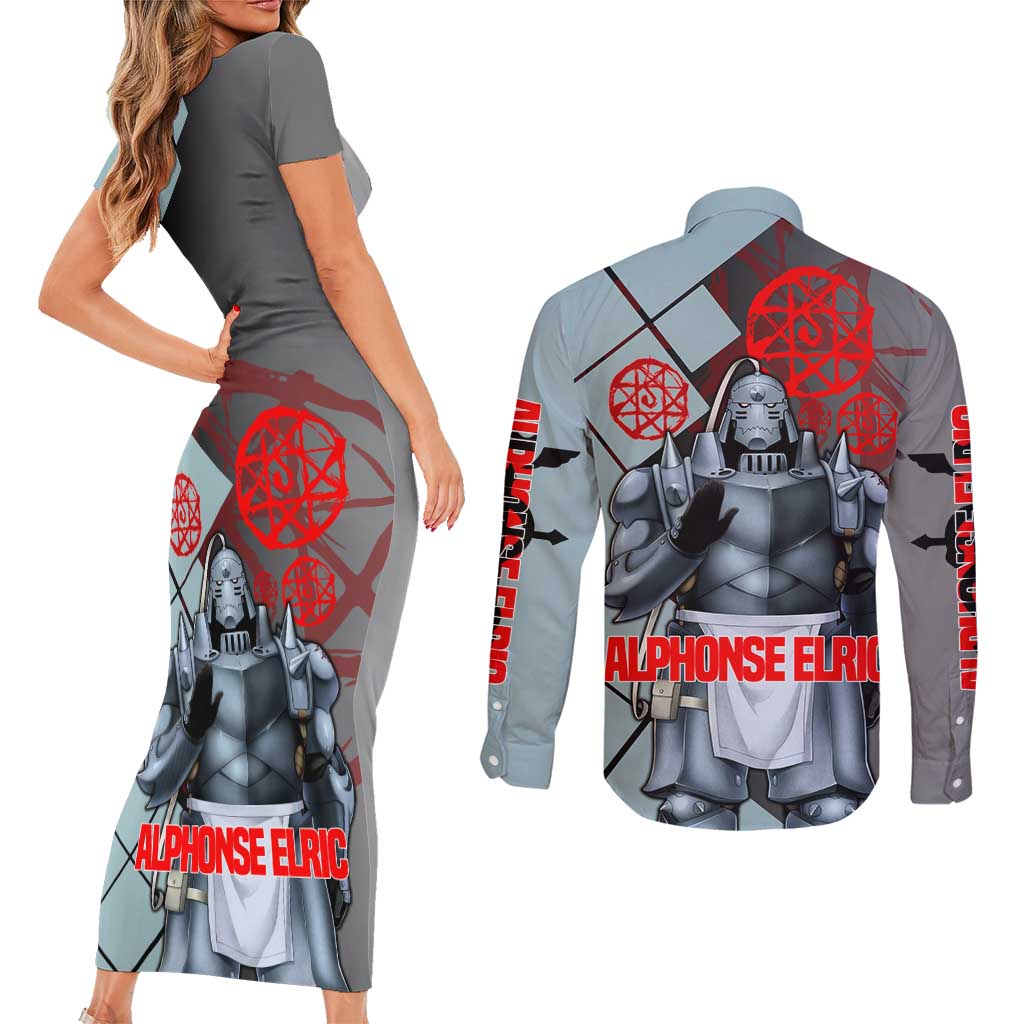 Alphonse Elric Fullmetal Alchemist Couples Matching Short Sleeve Bodycon Dress and Long Sleeve Button Shirt with Armored Form and Protective Battle Pose Design - The Mazicc