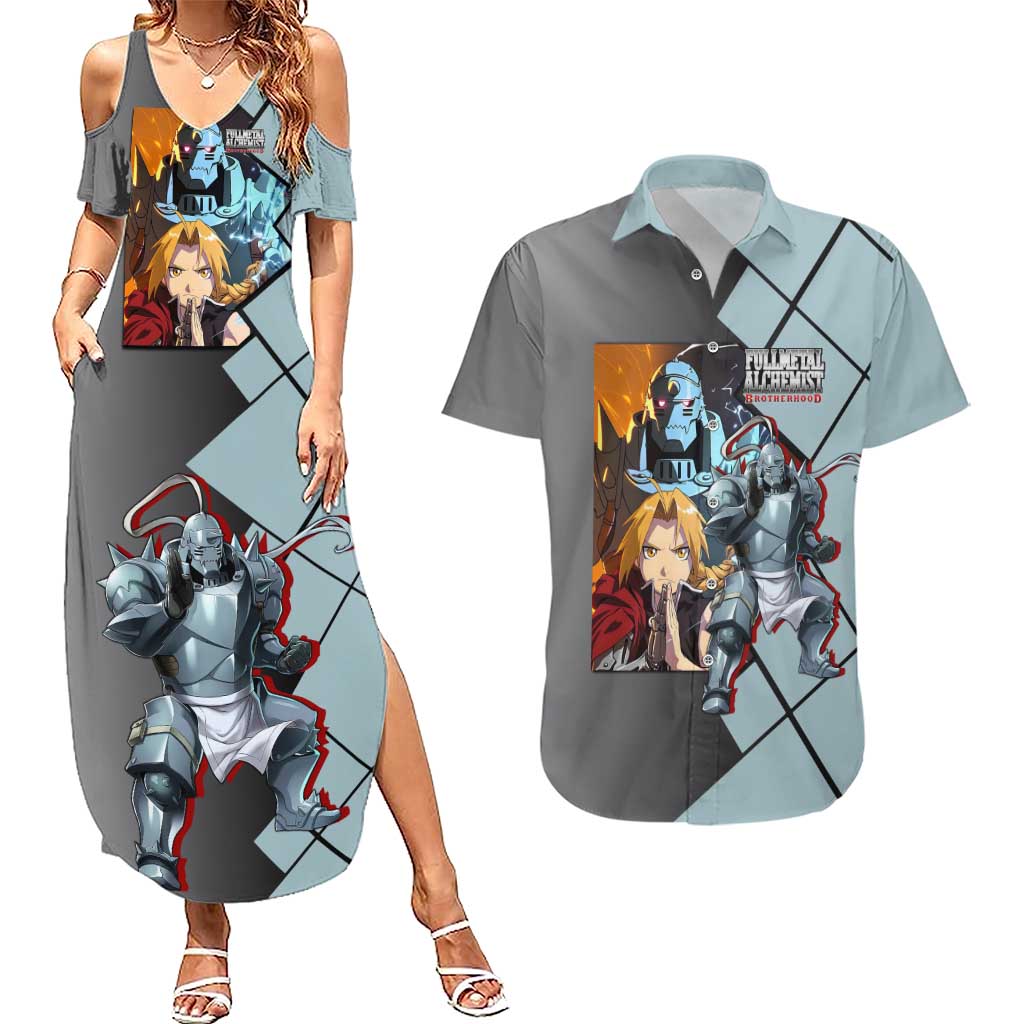 Alphonse Elric Fullmetal Alchemist Couples Matching Summer Maxi Dress and Hawaiian Shirt with Armored Form and Protective Battle Pose Design - The Mazicc