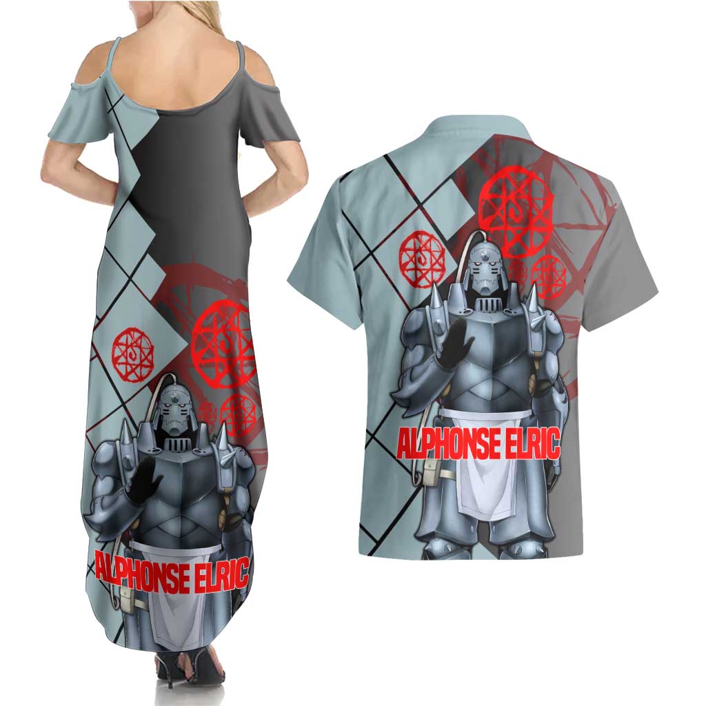 Alphonse Elric Fullmetal Alchemist Couples Matching Summer Maxi Dress and Hawaiian Shirt with Armored Form and Protective Battle Pose Design - The Mazicc
