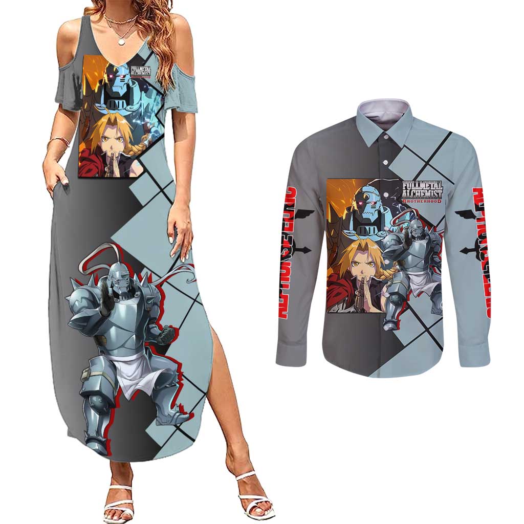 Alphonse Elric Fullmetal Alchemist Couples Matching Summer Maxi Dress and Long Sleeve Button Shirt with Armored Form and Protective Battle Pose Design - The Mazicc