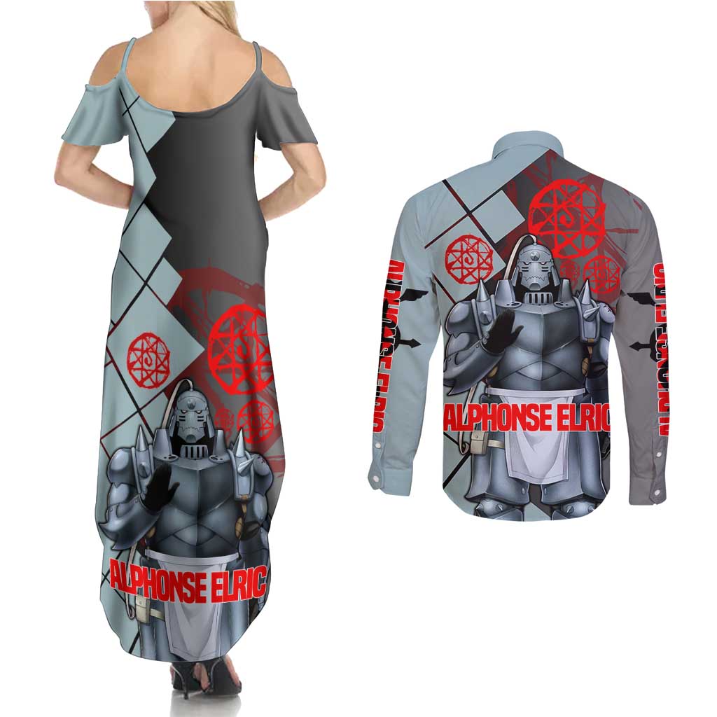 Alphonse Elric Fullmetal Alchemist Couples Matching Summer Maxi Dress and Long Sleeve Button Shirt with Armored Form and Protective Battle Pose Design - The Mazicc