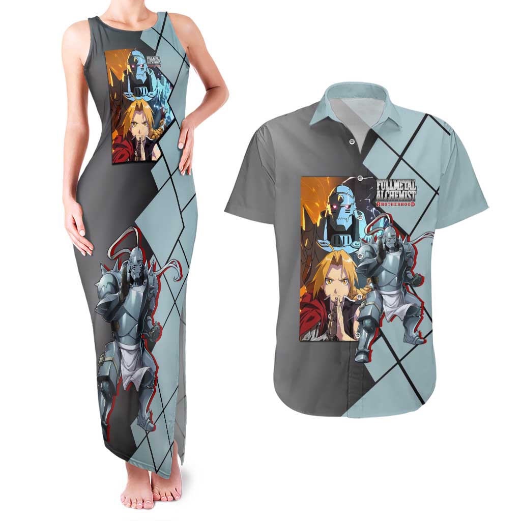 Alphonse Elric Fullmetal Alchemist Couples Matching Tank Maxi Dress and Hawaiian Shirt with Armored Form and Protective Battle Pose Design - The Mazicc