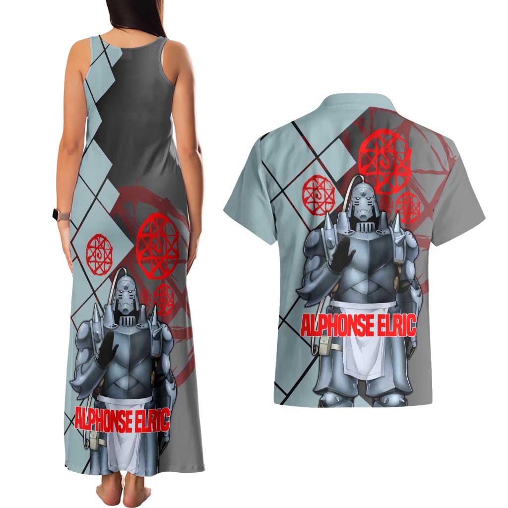 Alphonse Elric Fullmetal Alchemist Couples Matching Tank Maxi Dress and Hawaiian Shirt with Armored Form and Protective Battle Pose Design - The Mazicc