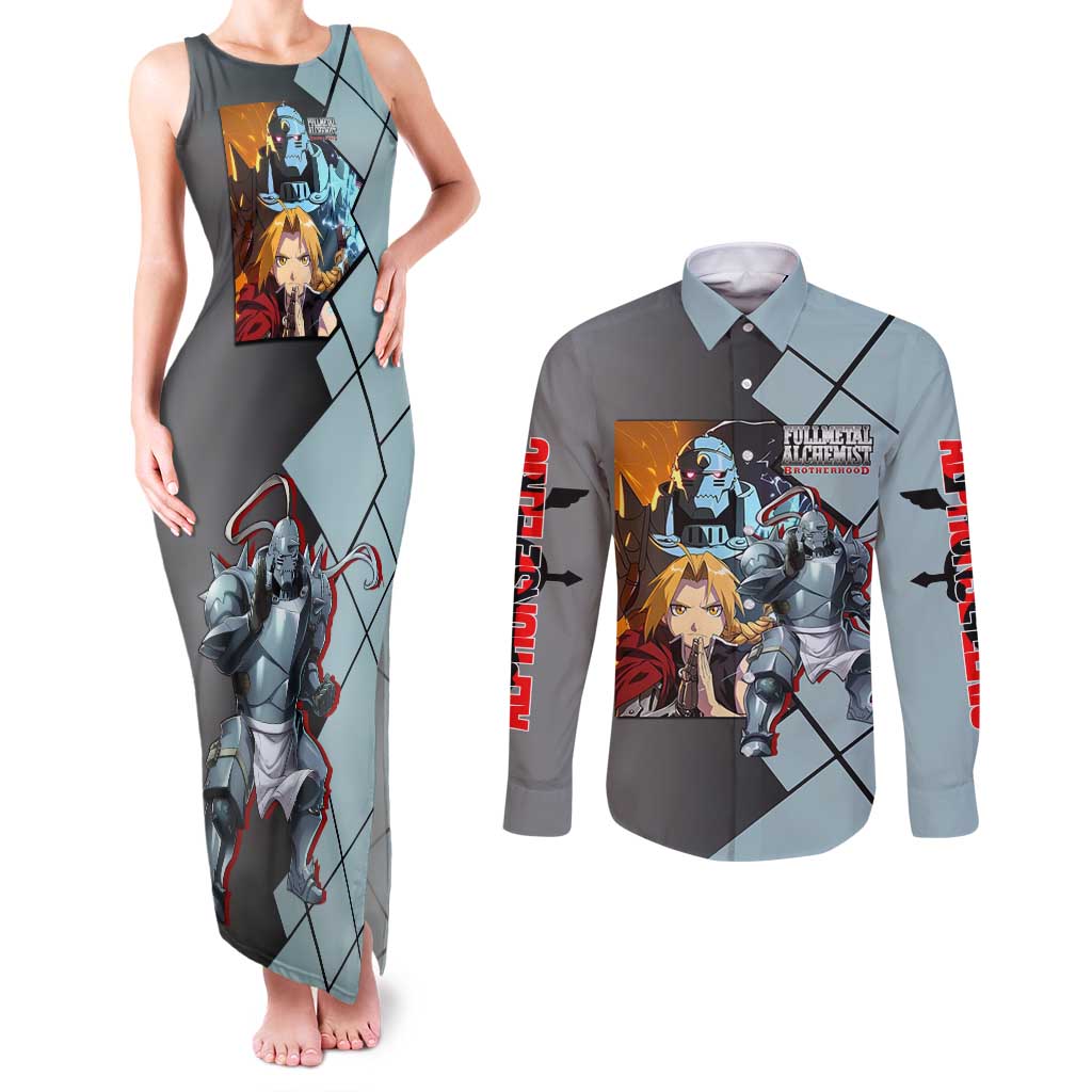 Alphonse Elric Fullmetal Alchemist Couples Matching Tank Maxi Dress and Long Sleeve Button Shirt with Armored Form and Protective Battle Pose Design - The Mazicc