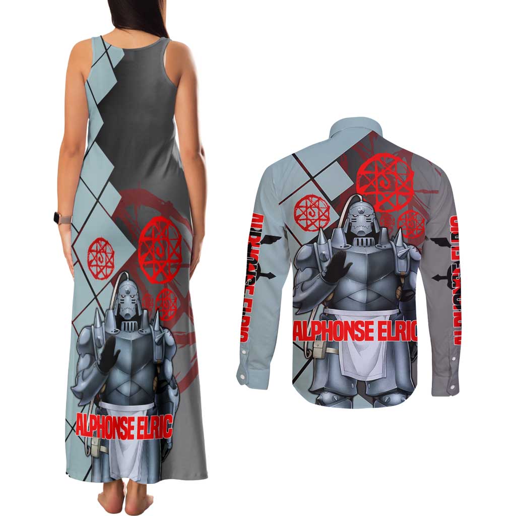 Alphonse Elric Fullmetal Alchemist Couples Matching Tank Maxi Dress and Long Sleeve Button Shirt with Armored Form and Protective Battle Pose Design - The Mazicc